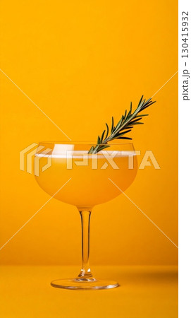 Vibrant yellow cocktail, garnished with a sprig of rosemary, sits on a matching background, evoking the refreshing essence of summer holidays and hotel service 130415932