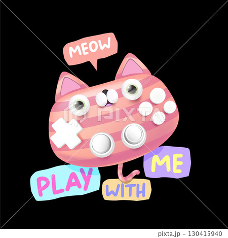 Cute cat gamepad vector illustration, striped animal character with MEOW and PLAY WITH ME text, creative gaming design for apps, stickers, labels, kids merchandise, t-shirts, and digital art. 130415940
