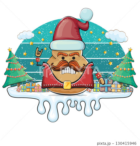 Funny rock star Santa potato character vector illustration, festive holiday design with sunglasses and mustache, retro Christmas party greeting card, creative art for stickers, labels, gifts Funny rock star Santa potato character vector illustration, festive holiday design with sunglasses and mustache, retro Christmas party greeting card, creative art for stickers, labels, gifts 130415946