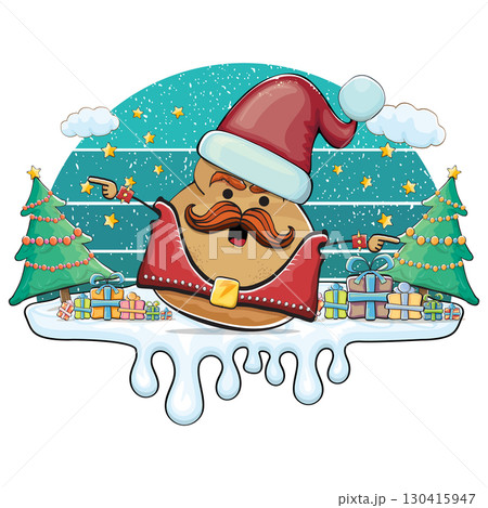 Funny rock star Santa potato character vector illustration, festive holiday design with sunglasses and mustache, retro Christmas party greeting card, creative art for stickers, labels, gifts 130415947