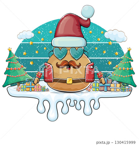 Funny rock star Santa potato character vector illustration, festive holiday design with sunglasses and mustache, retro Christmas party greeting card, creative art for stickers, labels, gifts Funny rock star Santa potato character vector illustration, festive holiday design with sunglasses and mustache, retro Christmas party greeting card, creative art for stickers, labels, gifts 130415999