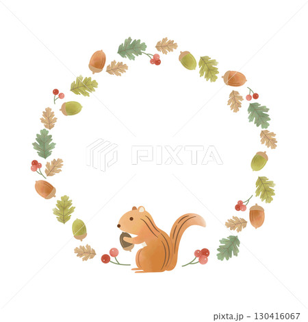 水彩風 どんぐりとリスのサークルフレーム（赤い実・秋） 130416067