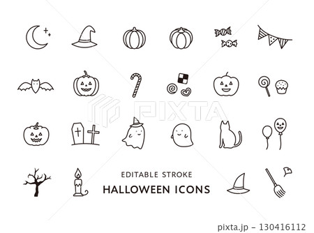 ハロウィンにまつわるアイコンセット(モノクロ) ハロウィンにまつわるアイコンセット(モノクロ) 130416112