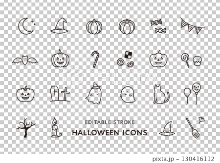 ハロウィンにまつわるアイコンセット(モノクロ) ハロウィンにまつわるアイコンセット(モノクロ) 130416112