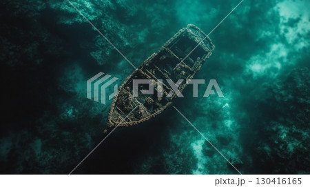 Sunken wooden boat, covered in vibrant algae, rests on the seabed of shallow turquoise water, creating a mesmerizing underwater scene filled with mystery and history Sunken wooden boat, covered in vibrant algae, rests on the seabed of shallow turquoise water, creating a mesmerizing underwater scene filled with mystery and history 130416165