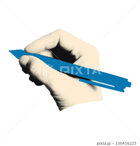 Halftone hand holding pen and writing trendy collage element. Modern retro vector illustration on transparent background for mixed media design 130416225