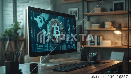 Computer screen showing bitcoin cryptocurrency with world map and data in background, placed on wooden desk in modern office space 130416287