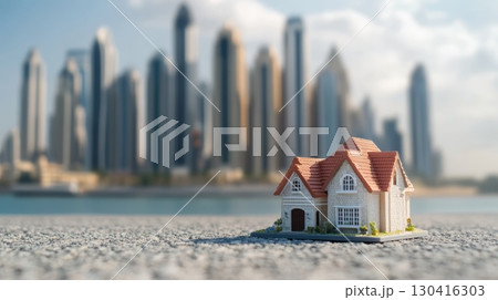 Small house model placed on a surface with dubai marina skyline in the background, representing real estate investment, mortgage, and home buying 130416303
