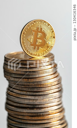 Shiny golden bitcoin rests atop a tall stack of coins, symbolizing the growth and investment potential of cryptocurrency in the financial market Shiny golden bitcoin rests atop a tall stack of coins, symbolizing the growth and investment potential of cryptocurrency in the financial market 130416346