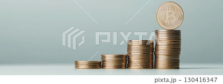 Stacks of gold coins increasing in size with a bitcoin cryptocurrency standing on the tallest stack symbolizing investment growth, savings, and passive income 130416347