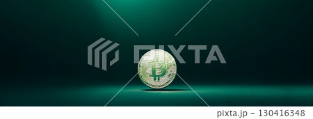 Golden bitcoin rotating on green background with dramatic lighting representing cryptocurrency investment and financial technology 130416348