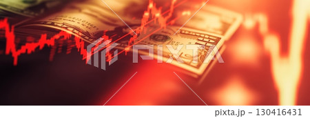 Red graph shows stock market decline over dollar bills, symbolizing financial crisis and risks in volatile market 130416431