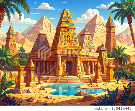 古代エジプト冒険譚を彷彿とさせる青空の下の神殿遺跡 130416443