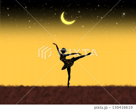 Silhouette of a ballerina dancing under the night sky with glowing crescent moon and bright stars on black and yellow gold background. Silhouette of a ballerina dancing under the night sky with glowing crescent moon and bright stars on black and yellow gold background. 130416619