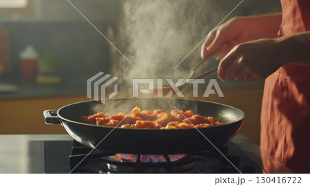 Chef mixing ingredients with two spoons in a steaming pan on a stove top, surrounded by a brightly lit kitchen, creating a delicious meal filled with flavor and aroma 130416722