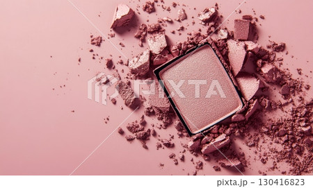 Pink eyeshadow makeup palette is crushed and scattered on a pink background, creating a vibrant and textured cosmetic smear, perfect for beauty and makeup related projects 130416823