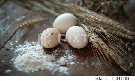 Chicken and quail eggs are lying on a rustic wooden table next to ears of wheat and flour, creating a cozy and inviting scene related to baking and cooking 130416836