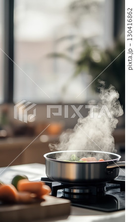 Stainless steel pot with steaming vegetables sits on a modern induction stove in a brightly lit kitchen, carrots on a wooden cutting board in the foreground Stainless steel pot with steaming vegetables sits on a modern induction stove in a brightly lit kitchen, carrots on a wooden cutting board in the foreground 130416862