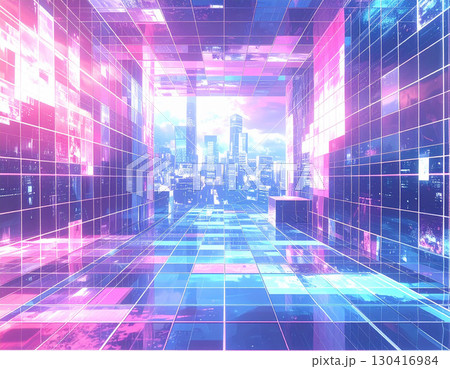 デジタルなイメージの未来都市への入り口を思わせるピンクとブルーの奥行きのある幻想空間 デジタルなイメージの未来都市への入り口を思わせるピンクとブルーの奥行きのある幻想空間 130416984