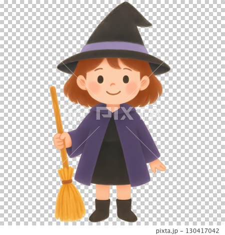 Cute Little Witch with Broom Halloween Illustration, Witch with a broomstick on a white background.  130417042