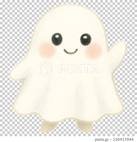 Cute cartoon ghost isolated on white background. Hand drawn illustration. Cute Waving Ghost Halloween Illustration 130417044