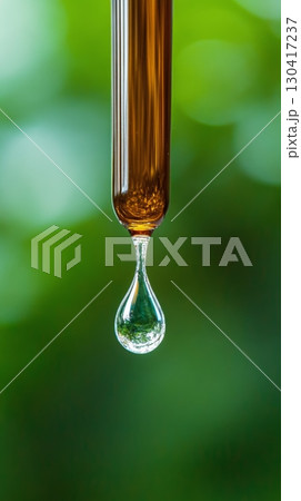 Dropper is dispensing a single, glistening drop of liquid against a blurred green background, evoking concepts of medicine, healthcare, and natural remedies 130417237