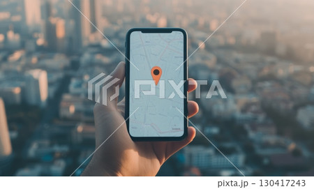 Hand holding smartphone displaying navigation app with location pin on map, blurred cityscape in background during sunset, providing concept of travel and modern technology 130417243