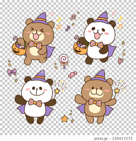 Children's character illustration of a Halloween bear and panda wearing witch hats Children's character illustration of a Halloween bear and panda wearing witch hats 130417272