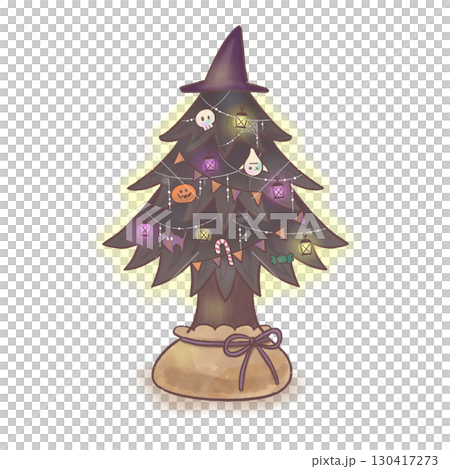 Watercolor illustration of a Halloween tree with a witch's hat and decorations 130417273