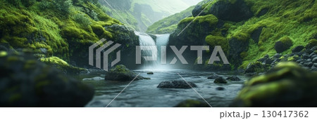 Cascading crystal clear water flows over mossy rocks, creating a picturesque waterfall in a serene landscape that highlights the beauty of unspoiled nature Cascading crystal clear water flows over mossy rocks, creating a picturesque waterfall in a serene landscape that highlights the beauty of unspoiled nature 130417362