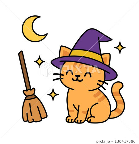 Cute Halloween cat illustration in witch hat with broom moon and stars 130417386