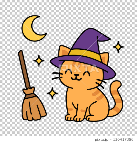 Cute Halloween cat illustration in witch hat with broom moon and stars 130417386