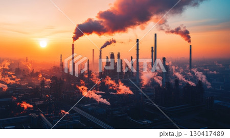 Smoke billows from the chimneys of an industrial plant against a vibrant sunset sky, creating a dramatic scene that highlights pollution and its impact on the environment Smoke billows from the chimneys of an industrial plant against a vibrant sunset sky, creating a dramatic scene that highlights pollution and its impact on the environment 130417489