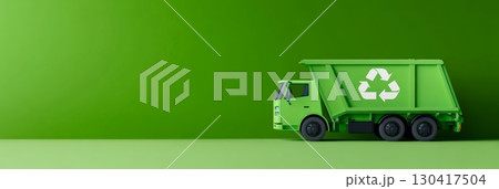 Green garbage truck with recycling symbol promoting eco friendly waste management and sustainability on a vibrant green background, ideal for environmental campaigns and waste reduction initiatives 130417504