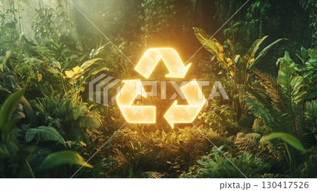Illuminating a vibrant tropical rainforest, a radiant recycling symbol promotes environmental awareness and highlights the connection between waste management and ecological preservation 130417526