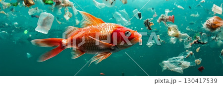 Plastic pollution in the ocean is endangering marine life, as a goldfish swims through garbage, highlighting the urgent need for environmental protection and sustainable waste management practices 130417539