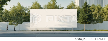 Large blank billboard mockup positioned near a street, surrounded by trees and buildings, provides a perfect space for showcasing advertisements in an urban environment 130417614