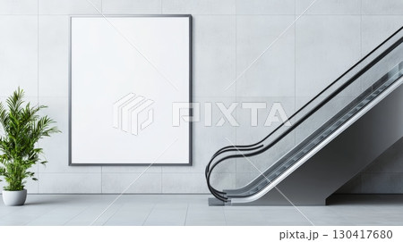 Empty white poster near escalator and potted plant provides advertising space for promoting sales and new products in contemporary shopping center 130417680