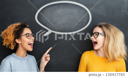 Two excited businesswomen wearing eyeglasses are pointing at a speech bubble drawn on a blackboard, discussing and sharing ideas during a collaborative brainstorming session 130417783