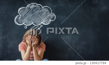 Sad young student covering her face with her hands, sitting in front of a blackboard with an empty thought bubble drawn on it, expressing confusion, lack of ideas, or emotional distress 130417784