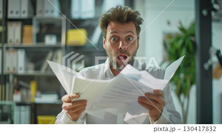 The man looks at the documents in surprise. Business office. generative ai. 130417832