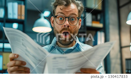 The man looks at the documents in surprise. Business office. generative ai. 130417833