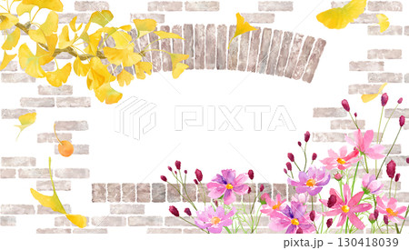 レンガ壁と窓を背景にした、イチョウとコスモスとワレモコウの水彩イラスト。秋のナチュラルなフレーム 130418039