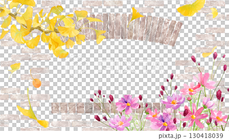 レンガ壁と窓を背景にした、イチョウとコスモスとワレモコウの水彩イラスト。秋のナチュラルなフレーム 130418039