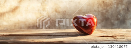 Red heart shaped object sitting on a rustic wooden surface, illuminated by warm sunlight, creating a romantic atmosphere perfect for valentine's day or a declaration of love 130418075