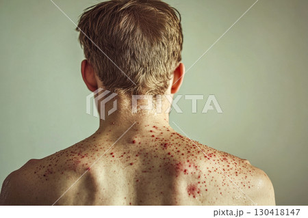 Rear view of a person's upper back and shoulders. Skin covered in numerous red spots. Showing a rash, possible acne or chickenpox. 130418147
