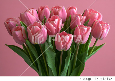 A beautiful fresh bouquet of vibrant pink tulips with green stems and leaves. Many colorful flowers bloom against a soft pastel pink background. 130418152