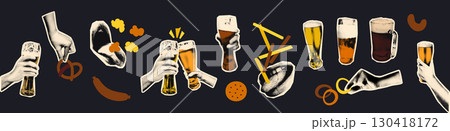 Trendy halftone collage elements set. Cut out hands holding glasses and beer mug and doodle snacks, pretzel, popcorn, cracker, french fries. Modern retro vector illustration for mixed media design Trendy halftone collage elements set. Cut out hands holding glasses and beer mug and doodle snacks, pretzel, popcorn, cracker, french fries. Modern retro vector illustration for mixed media design 130418172
