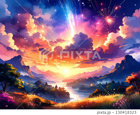 流星群が彩る夜明けの空と山河を照らす壮大な光のスペクタクル 流星群が彩る夜明けの空と山河を照らす壮大な光のスペクタクル 130418323