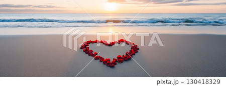 Red petals forming a heart shape on a sandy beach during a beautiful sunset create a romantic atmosphere, perfect for valentine's day, anniversaries, or declarations of love 130418329